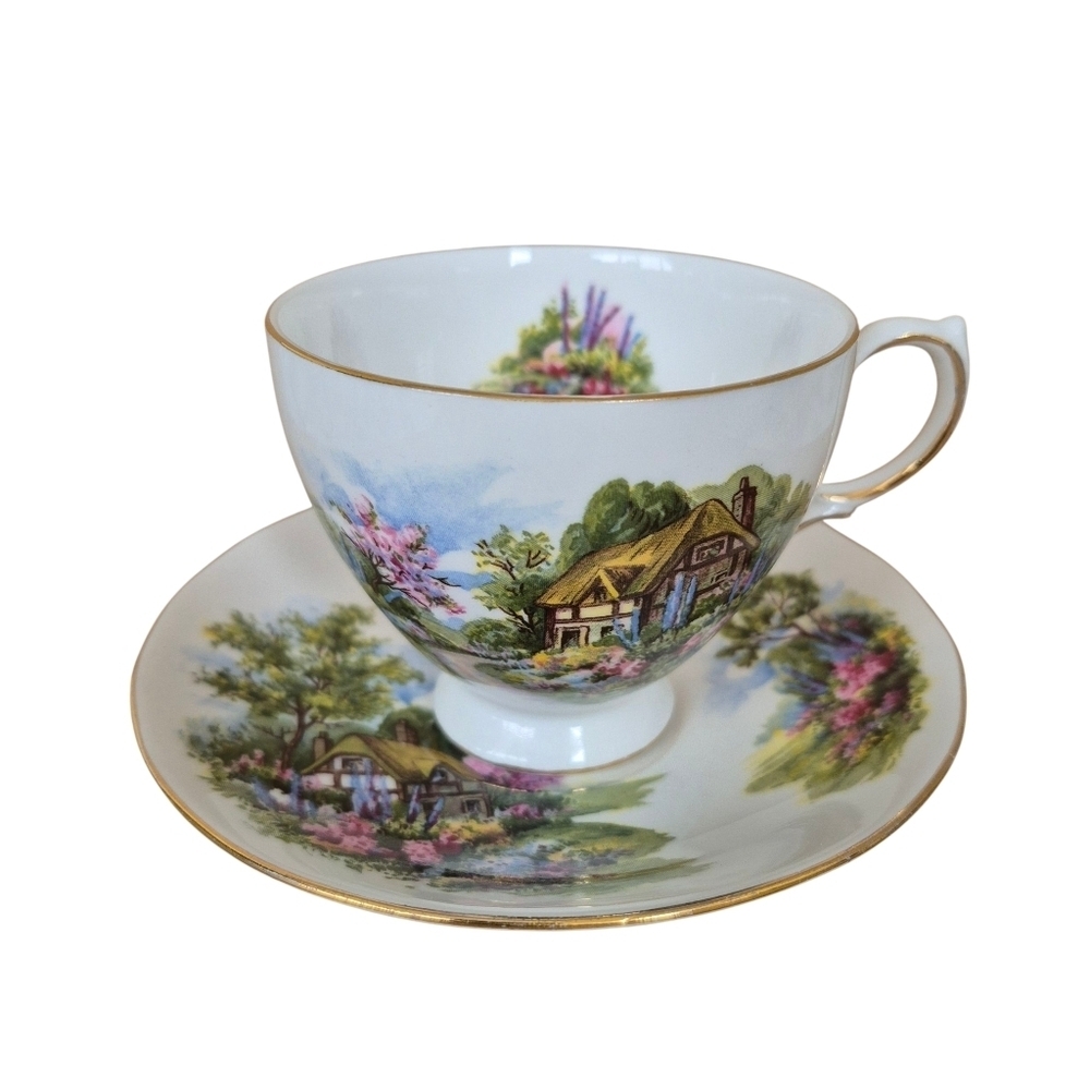 Vintage Royal Vale Bone China Scenic Cottage Tea Cup & Saucer Set